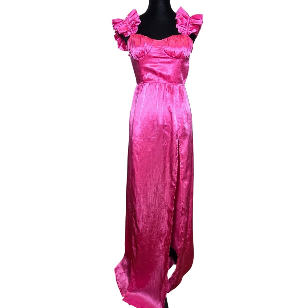 Hello Molly Hot Pink Ruffle Bustier Double Slit Satin Maxi Dress XS USA 2